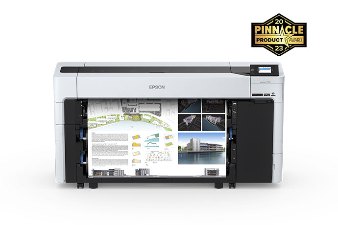 Front view of the Epson T7770D printer with printed output, featuring a Pinnacle Award badge