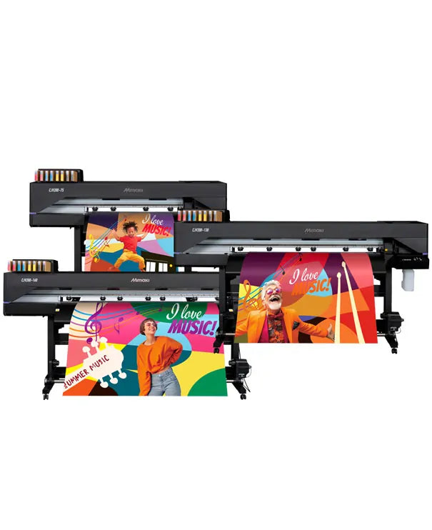 Mimaki eco-solvent CJV200 Series printers showcasing print and cut capabilities for versatile media applications.