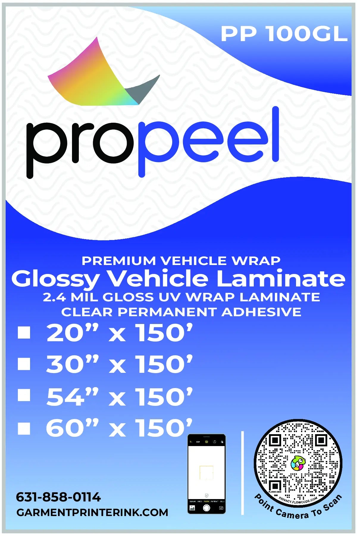 propeel gloss car over-laminate label for 2.4 mil gloss uv wrap coming in 4 different widths 20", 30", 54", and 60" all 150 feet long