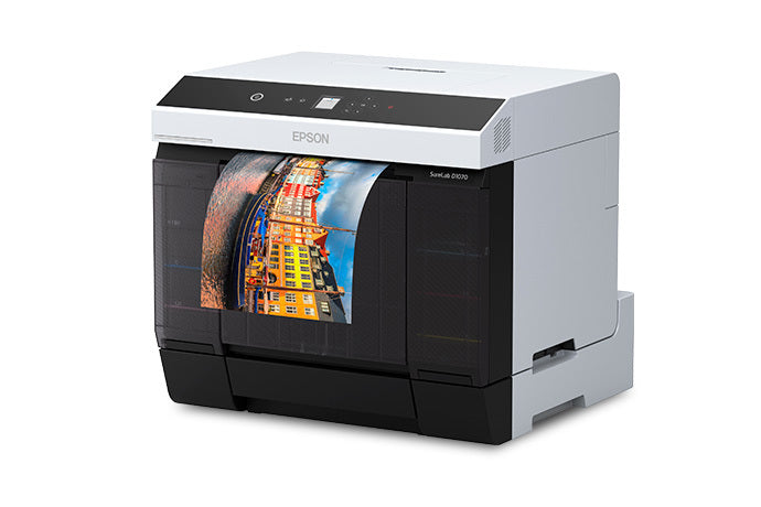 Epson SureLab D1070DE angle view while printing