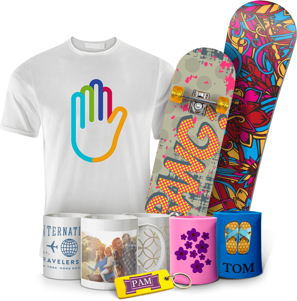 dye sublimation products including t shirt, skateboard, & mugs, made with the epson f9470 dye sublimation printer