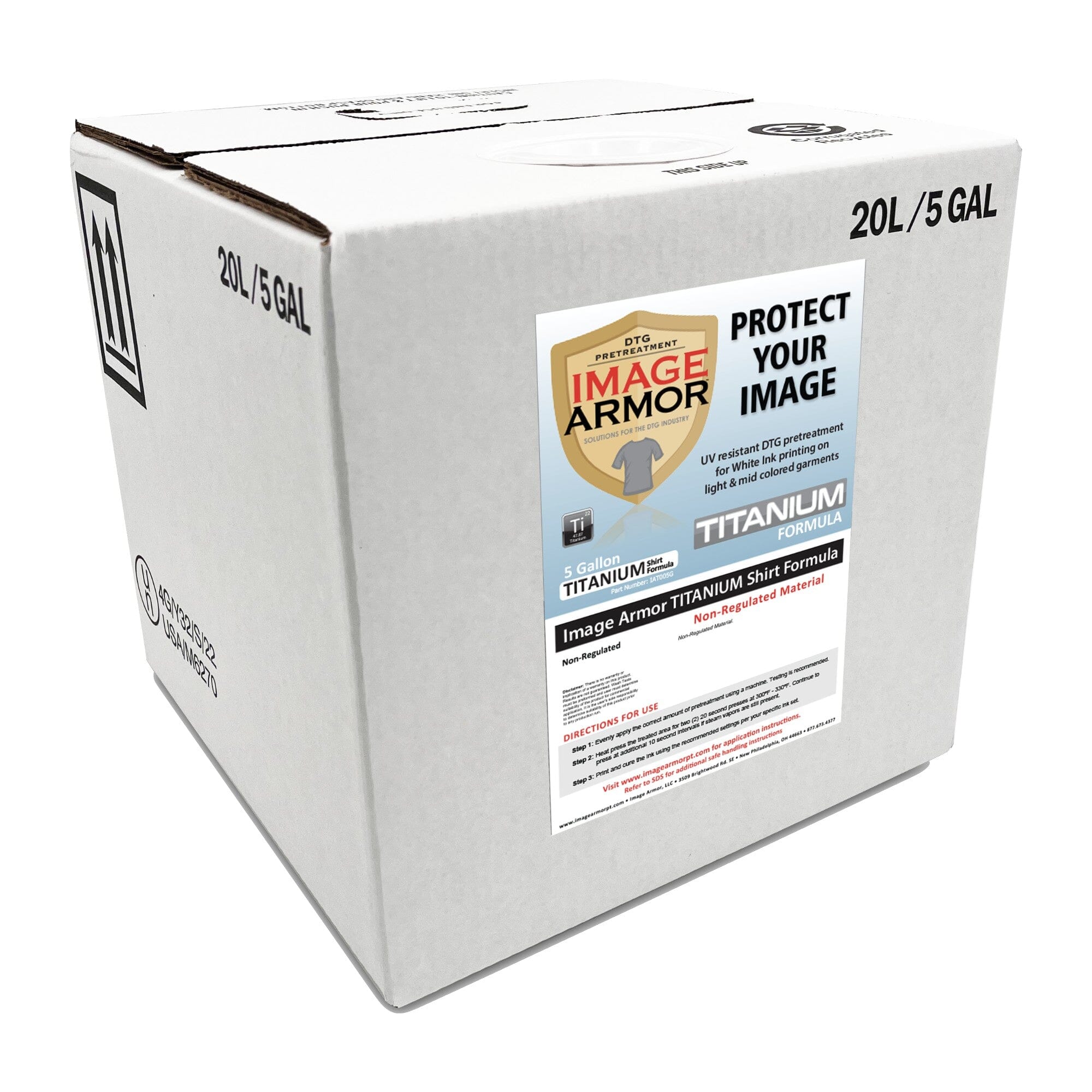 Box of 5 gallons of Image Armor Titanium DTG pretreatment for UV resistant and vibrant printing on light and dark garments