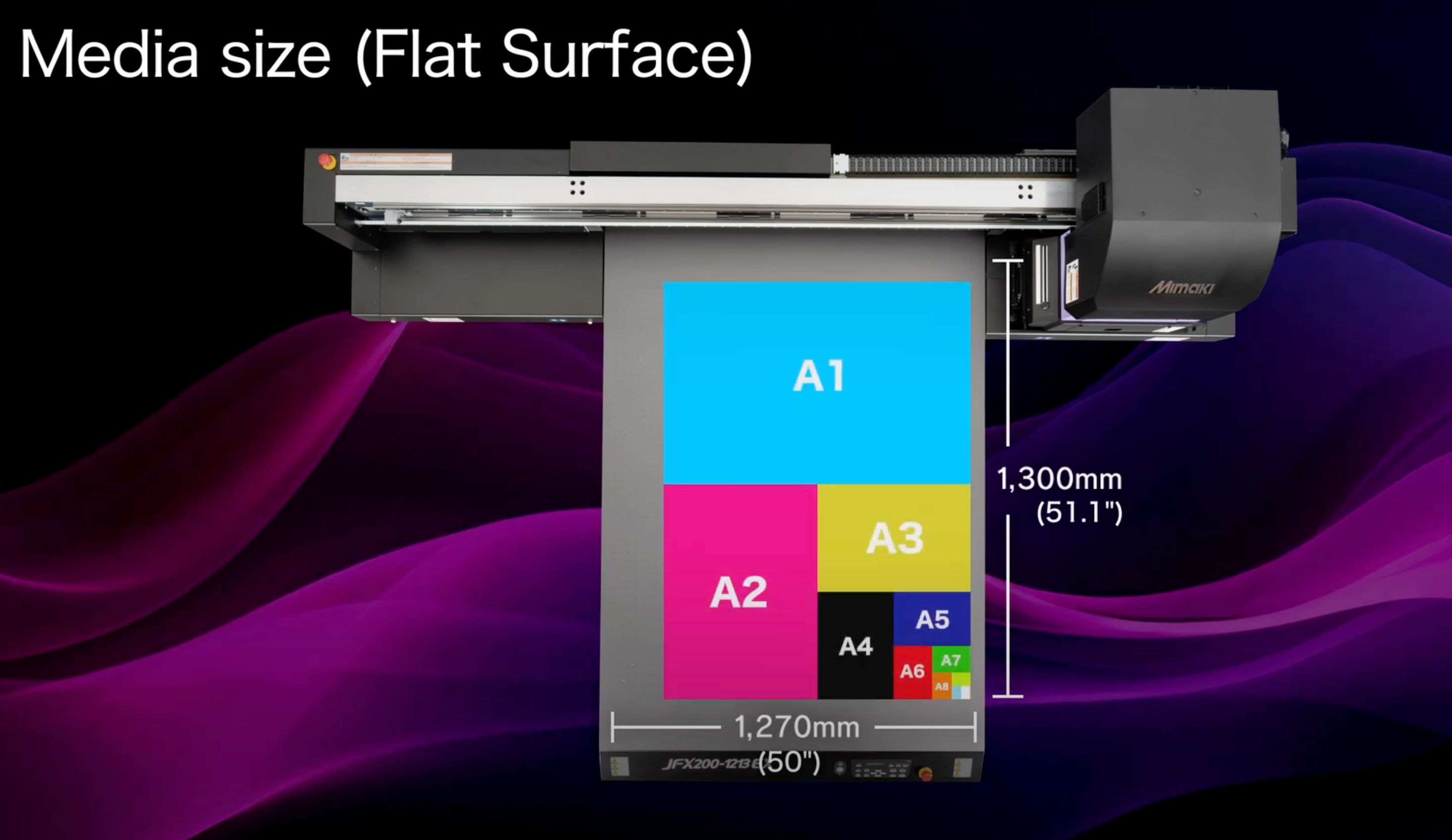 Mimaki JFX200-1213 EX flatbed UV printer with a bed size of 1270mm x 1300mm for mid-size printing jobs