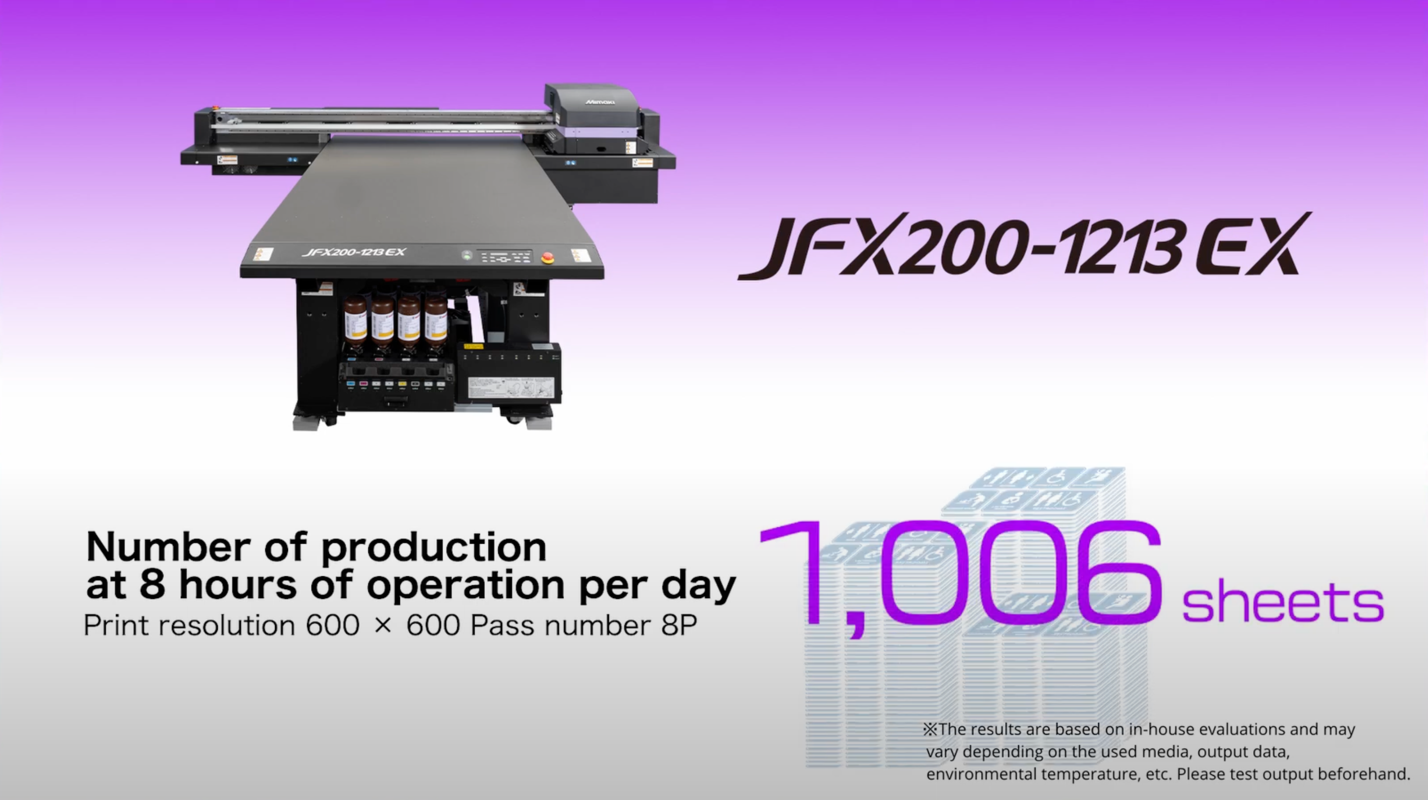 Mimaki JFX200-1213 EX printer demonstrating high-speed printing capability, ideal for increased productivity.