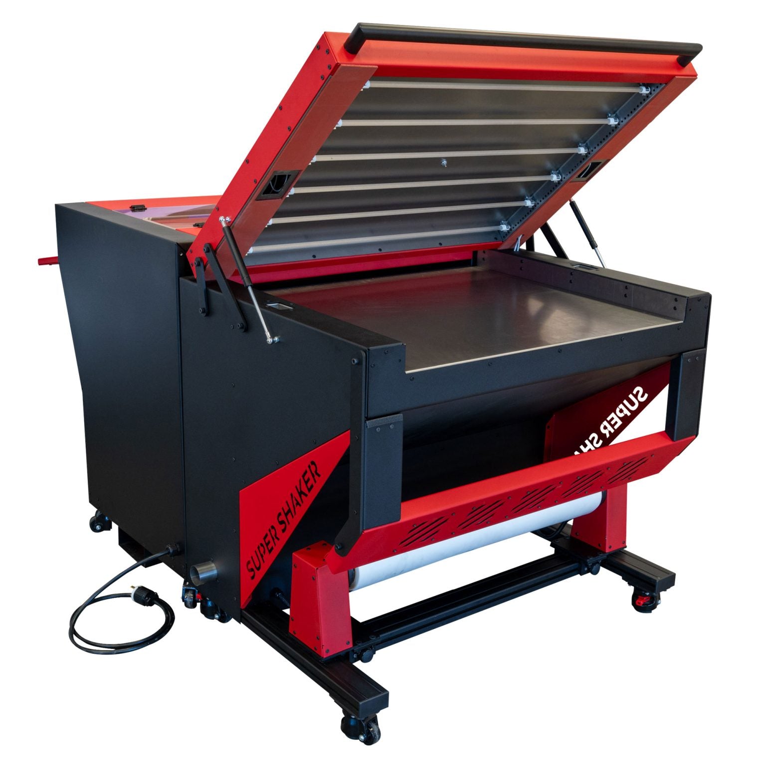 BMAC Industries Super Shaker DTF Oven, featuring a sleek red and black design with an integrated control panel and a compact footprint ideal for direct-to-film (DTF) printing